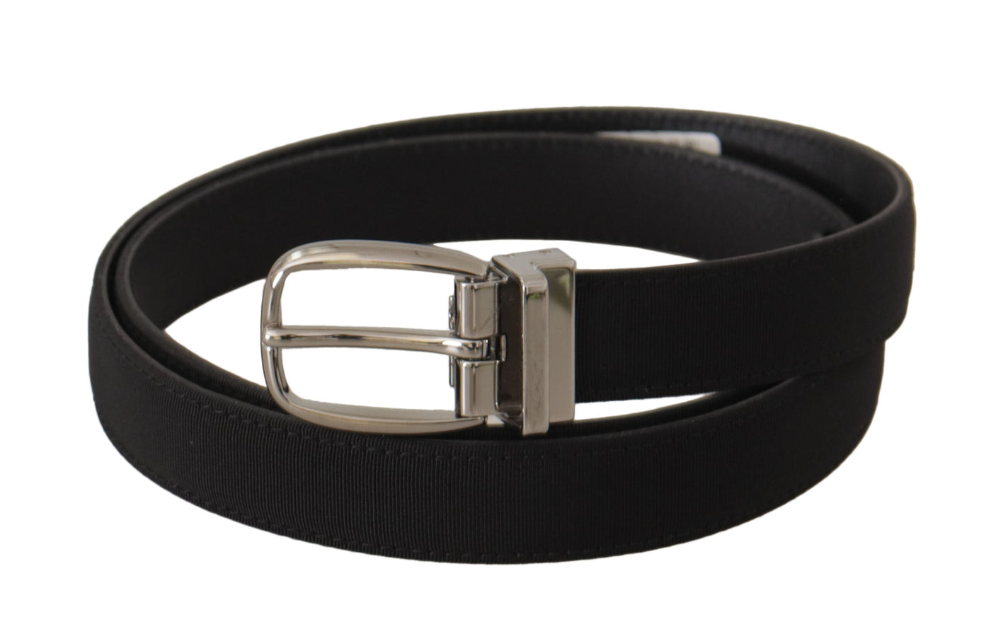 Black Calf Canvas Silver Tone Logo Metal Belt