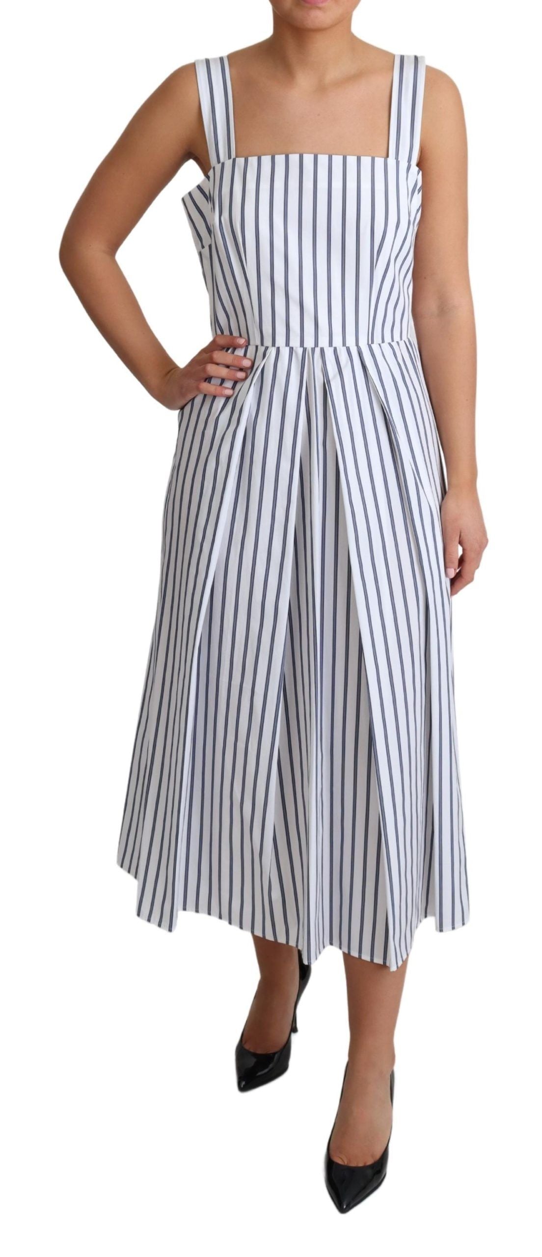 White Blue Striped Cotton A-Line Dress