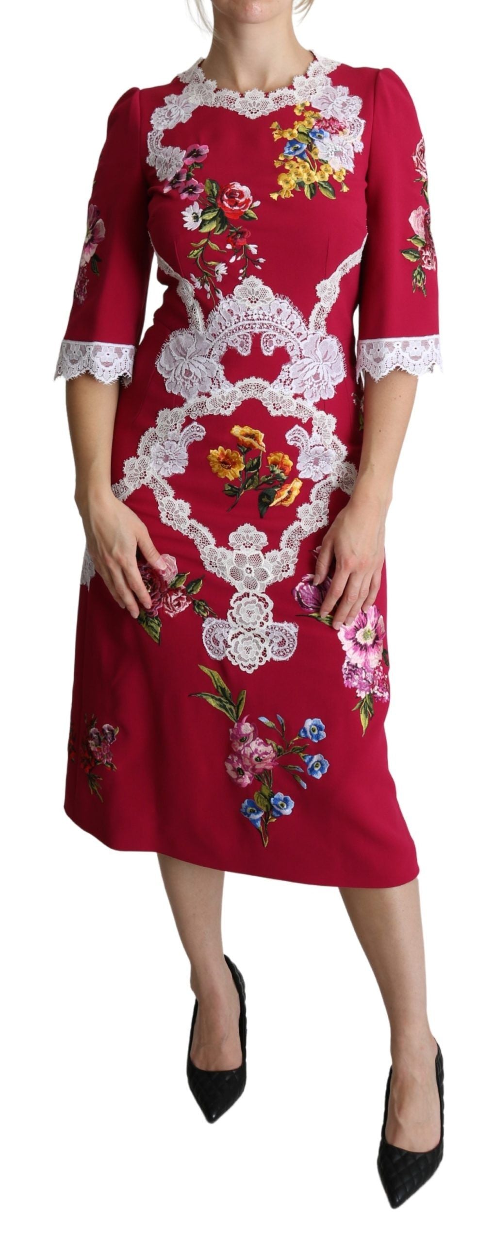 Red Floral Embroidered Sheath Midi Dress