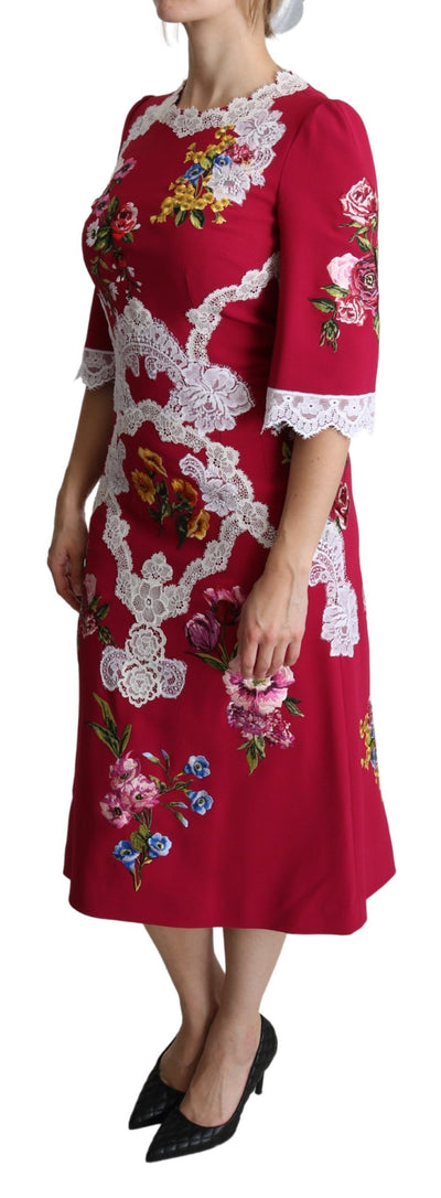 Red Floral Embroidered Sheath Midi Dress