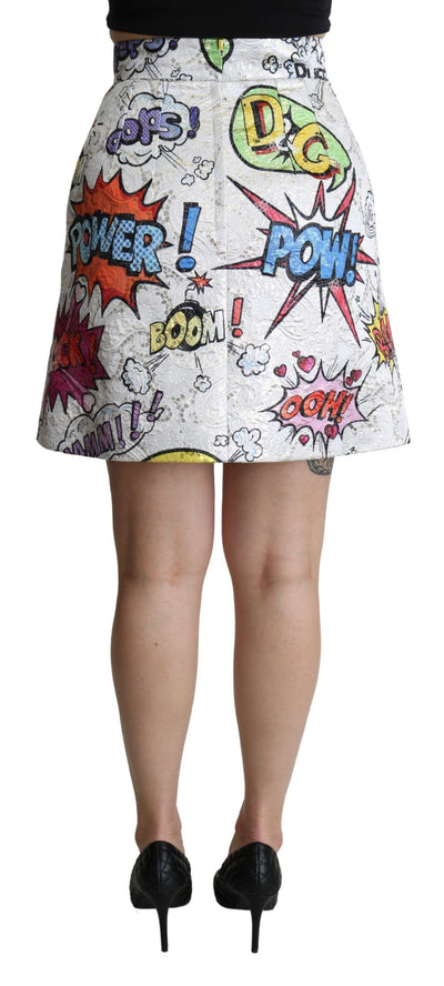 White Cartoon Brocade A-line High Waist Skirt