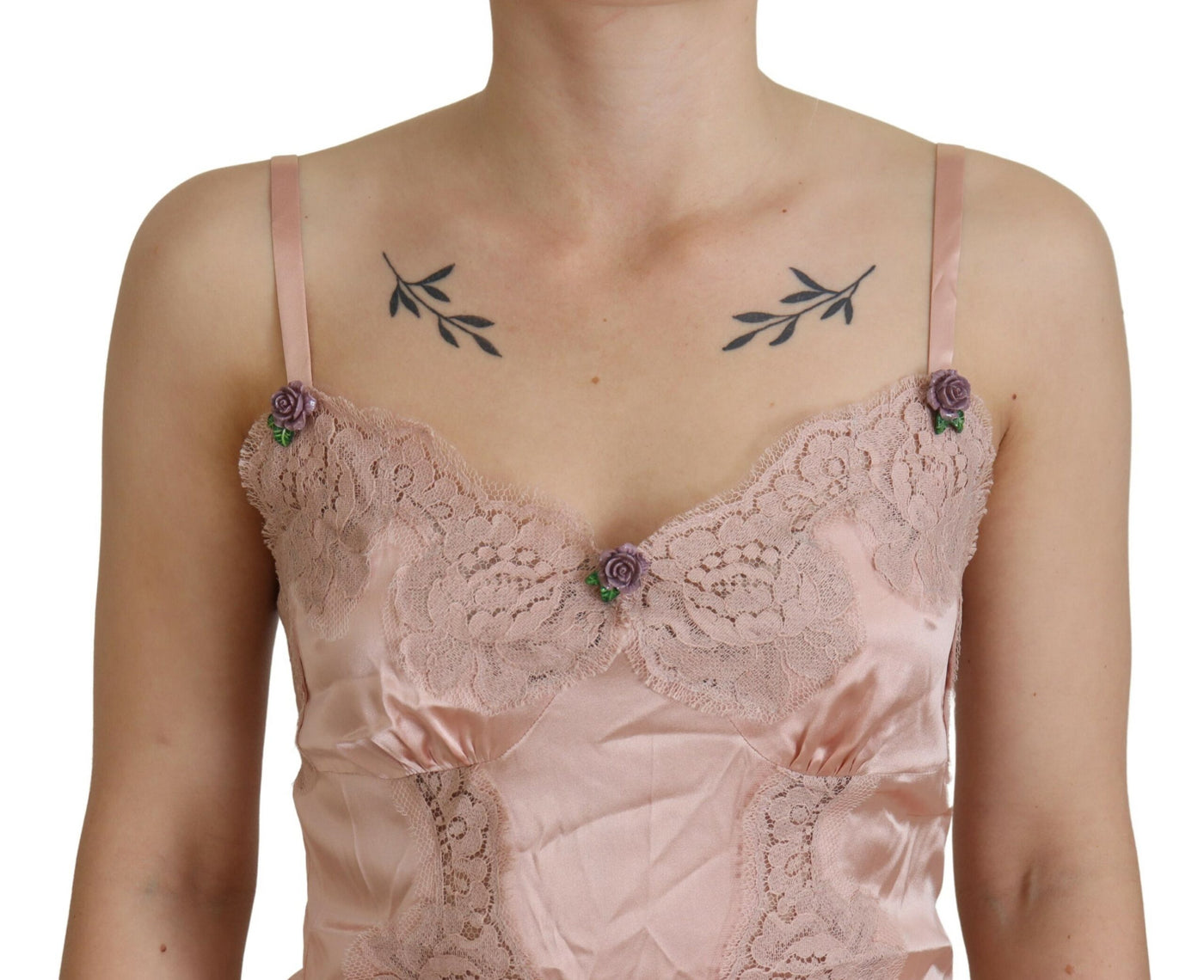 Pink Satin Lace Roses Tank Top Lingerie