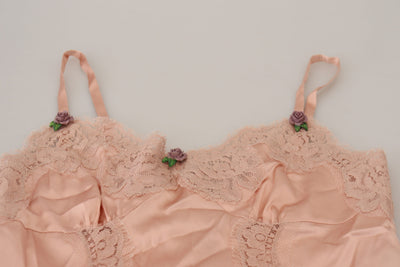 Pink Satin Lace Roses Tank Top Lingerie