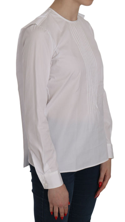 White Crew Neck Long Sleeve Cotton Blouse