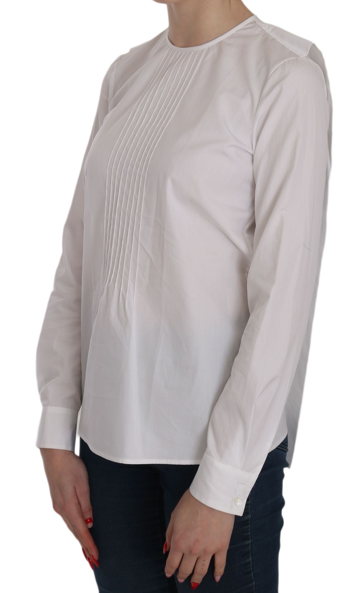 White Crew Neck Long Sleeve Cotton Blouse