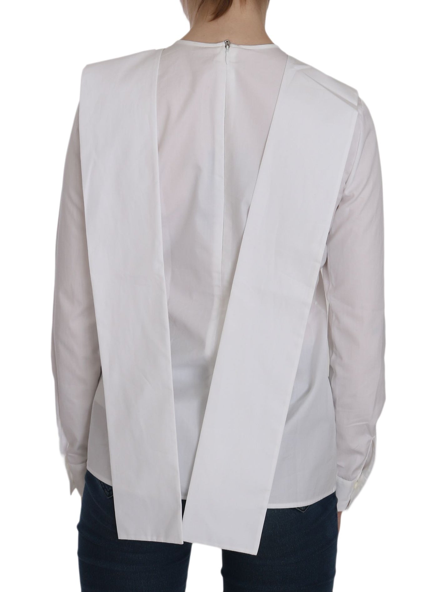 White Crew Neck Long Sleeve Cotton Blouse