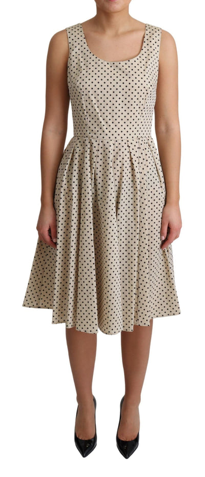 Beige Polka Dotted Cotton A-Line Dress