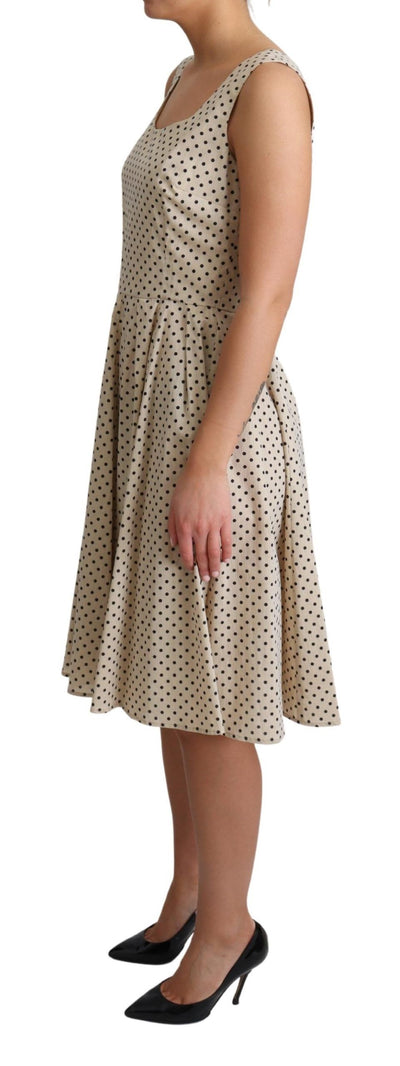 Beige Polka Dotted Cotton A-Line Dress