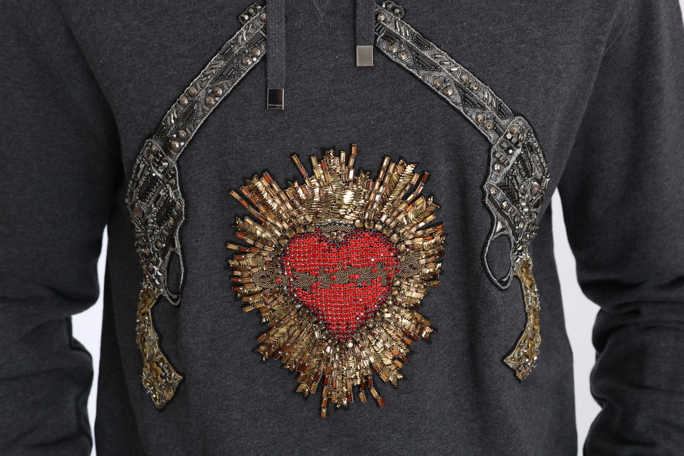 Gray Hooded Red Crystal Heart Gun Sweater