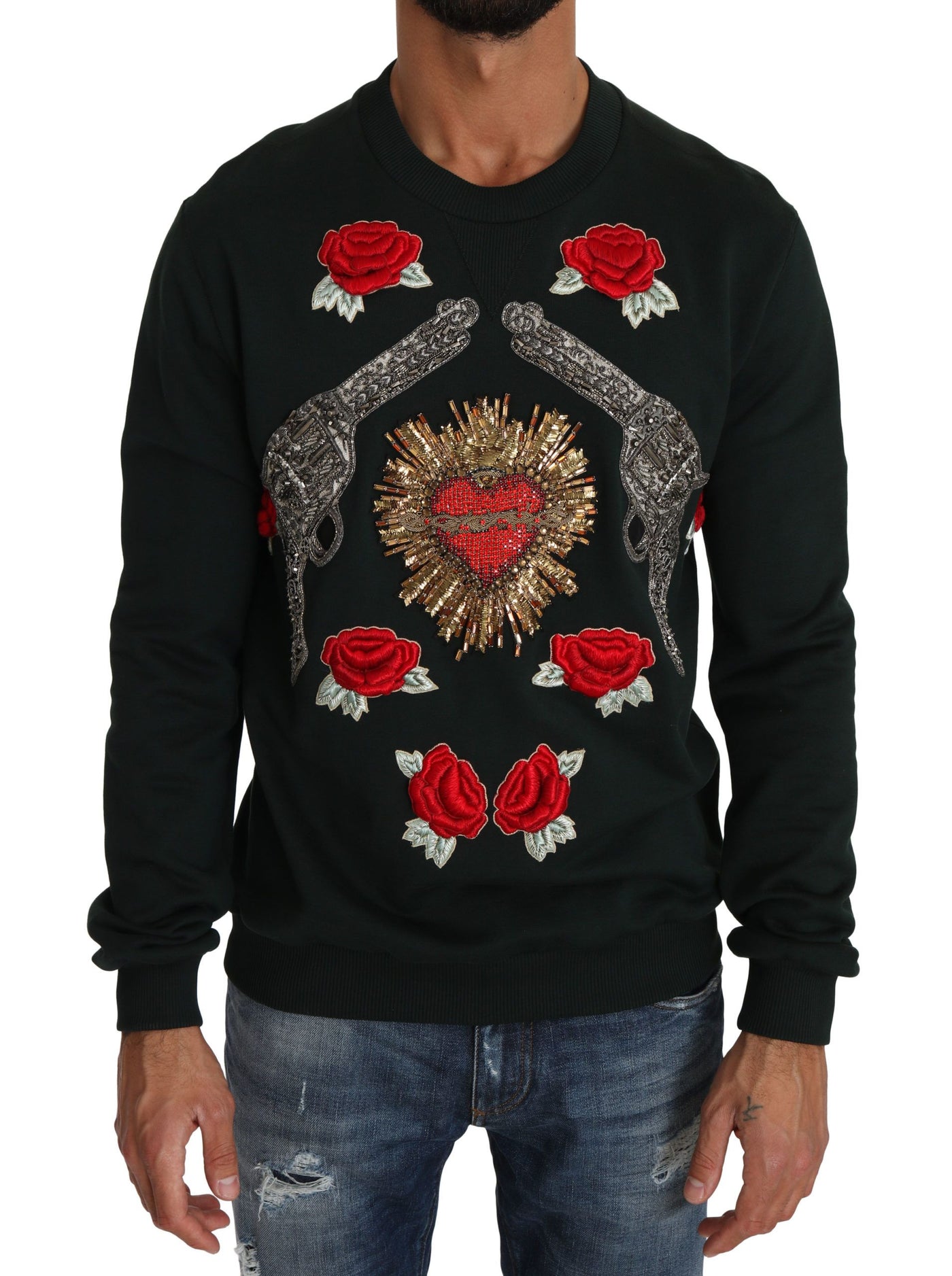 Green Crystal Heart Roses Gun Sweater