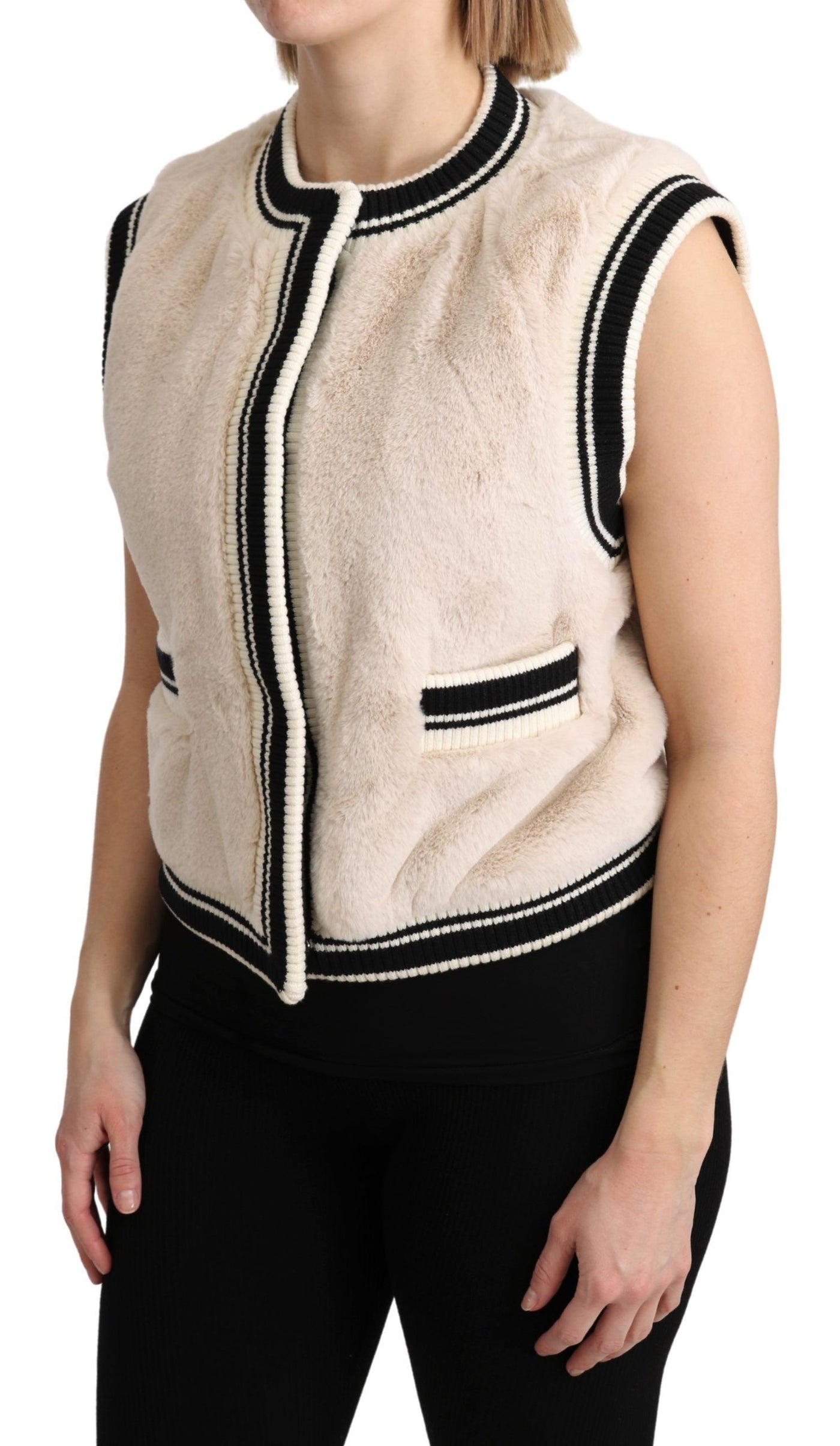 Beige Fur Sleeveless Vest Polyester Top