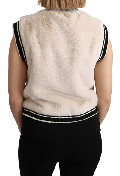 Beige Fur Sleeveless Vest Polyester Top