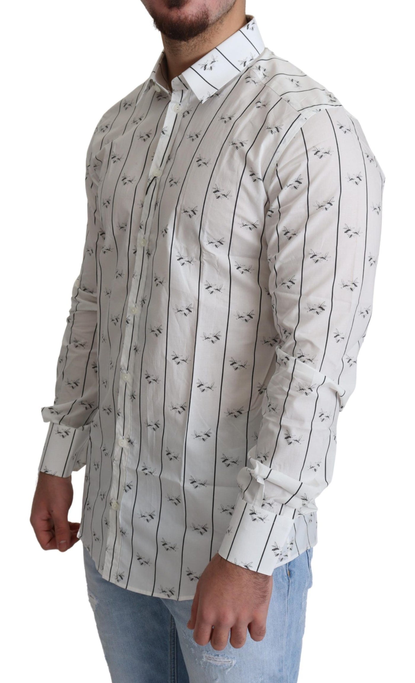 White Bee Print Cotton Button Down Shirt