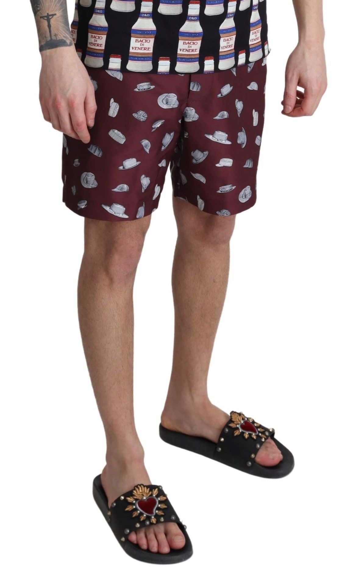 Maroon Hats Print Beachwear Shorts Swimwear