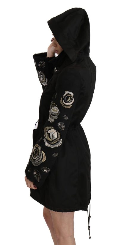 Floral Sequined Beaded Hooded Jacket Coat