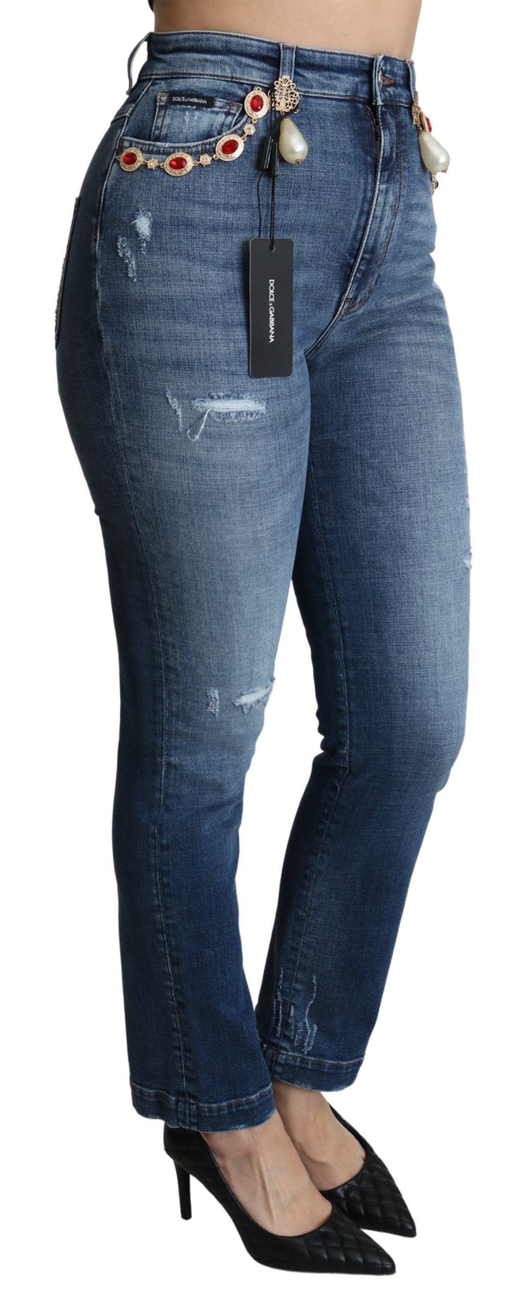 Blue Crystal Embellished Slim Fit Pants Jeans