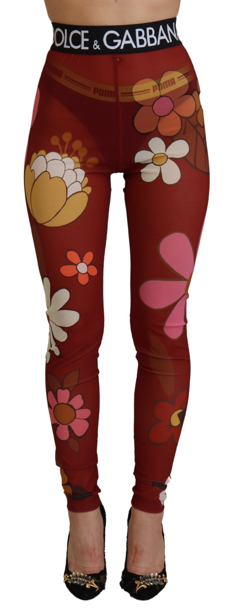 Red Floral Leggings Stretch Waist Pants