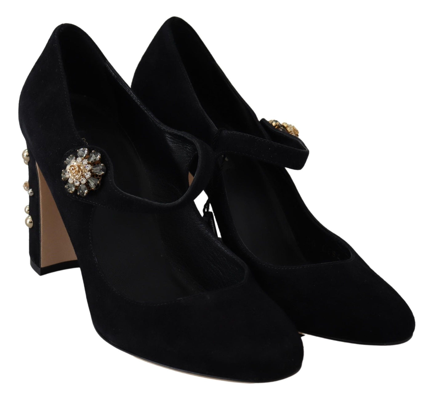 Black Suede Crystal Heels Mary Jane Shoes