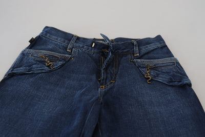 Blue Low Waist Flared Leg Cotton Denim Jeans