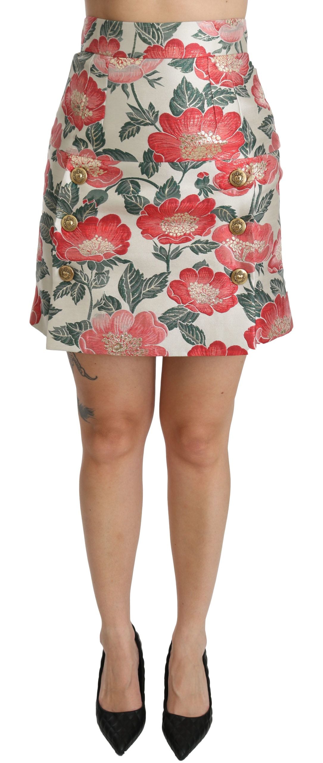 White Green Red Floral High Waist Mini Skirt