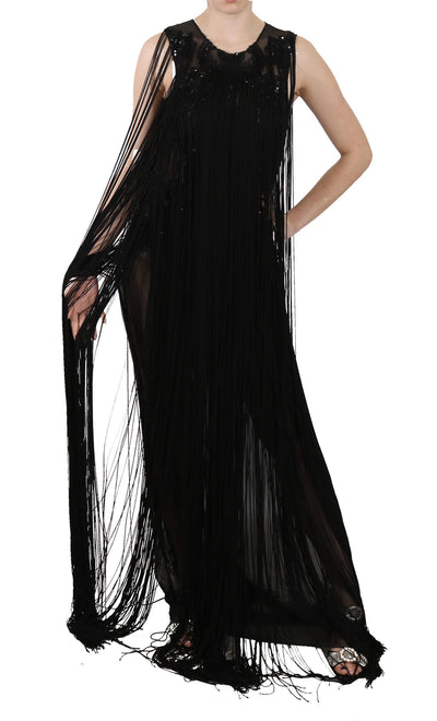 Black Silk Beaded Sequined Sheer Dress