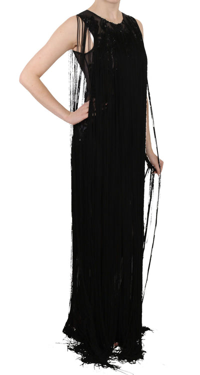 Black Silk Beaded Sequined Sheer Dress