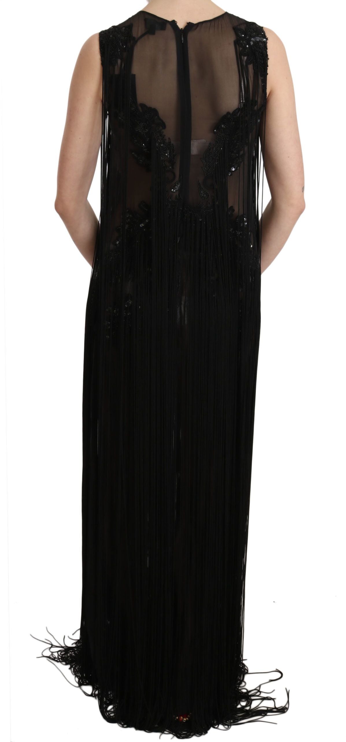 Black Silk Beaded Sequined Sheer Dress