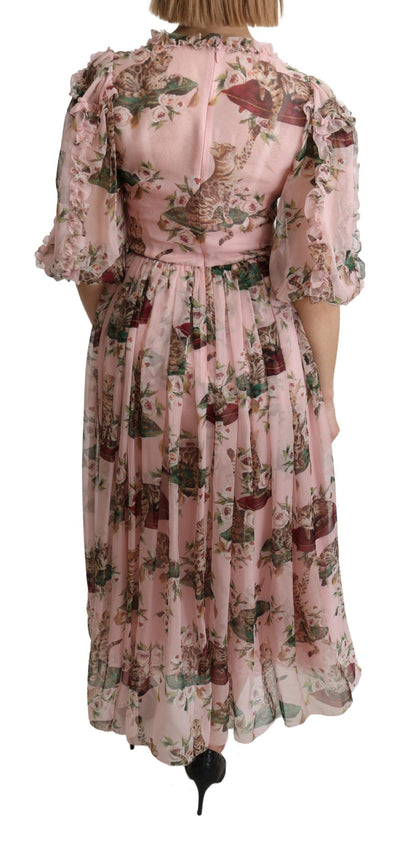 Pink Bengal Cat Print A-line Maxi Silk  Dress