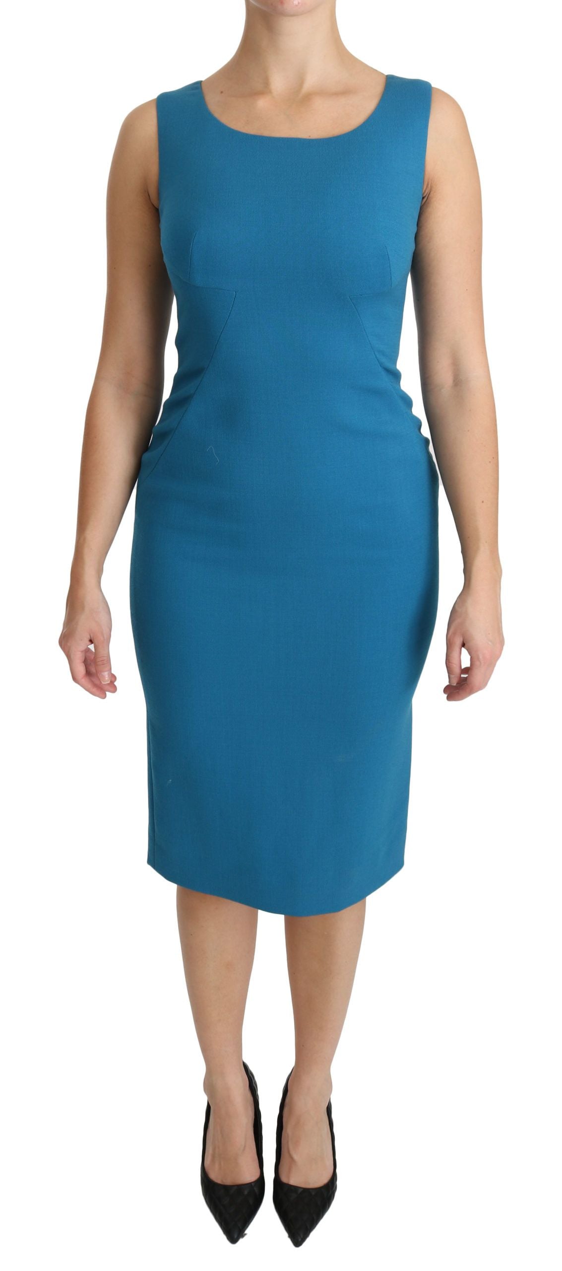 Blue Bodycon Sheath Knee Length Wool Dress