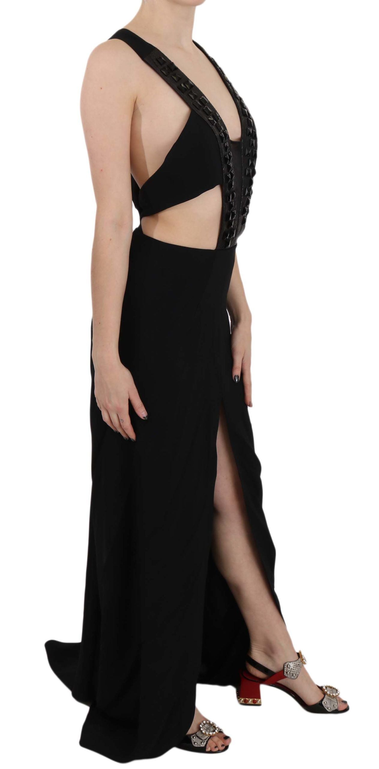 Black Crystal Leather Gown Flare Dress