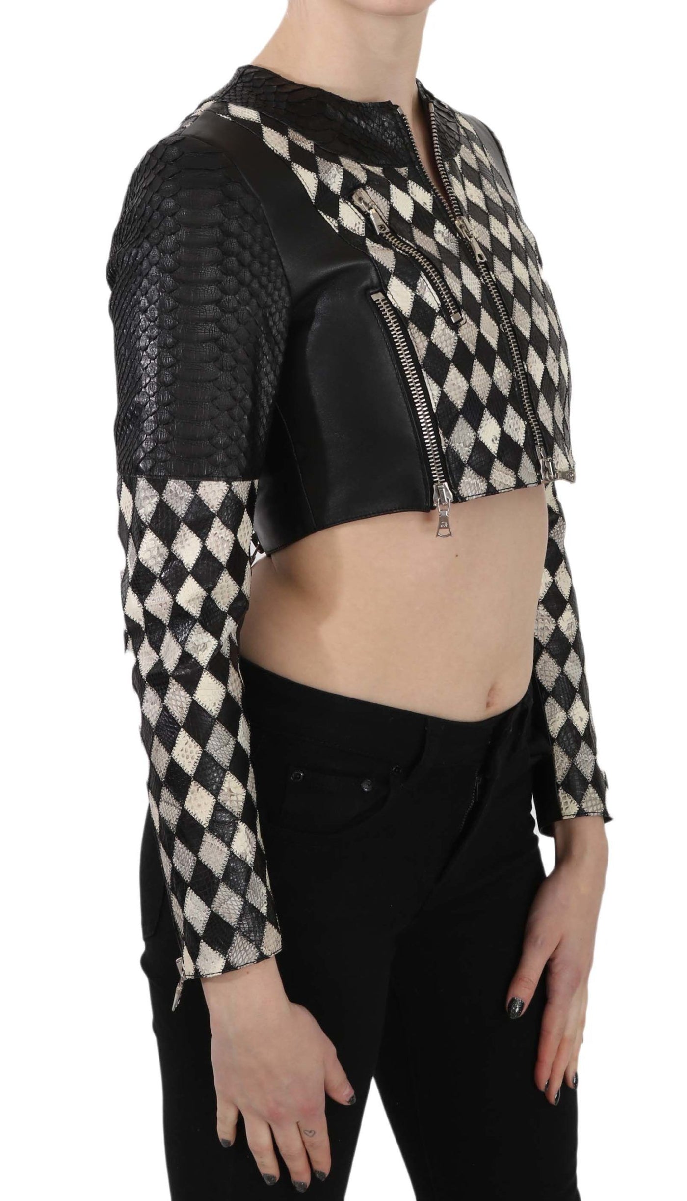 Black White Leather Short Cropped Biker Jacket Coat