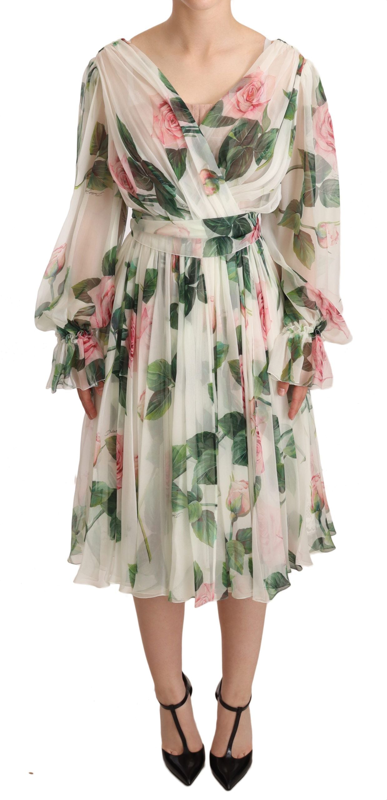 White Roses Print Silk Chiffon Midi Dress