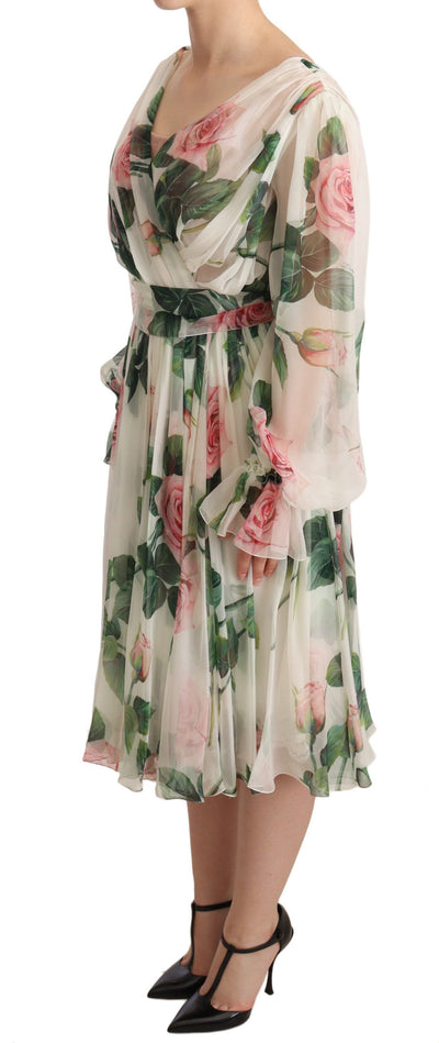 White Roses Print Silk Chiffon Midi Dress