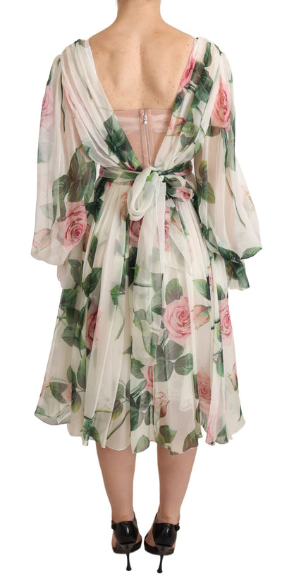 White Roses Print Silk Chiffon Midi Dress