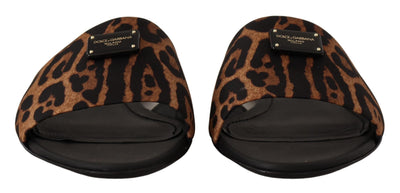 Brown leopard print 100% Leather Slide Flat sandals