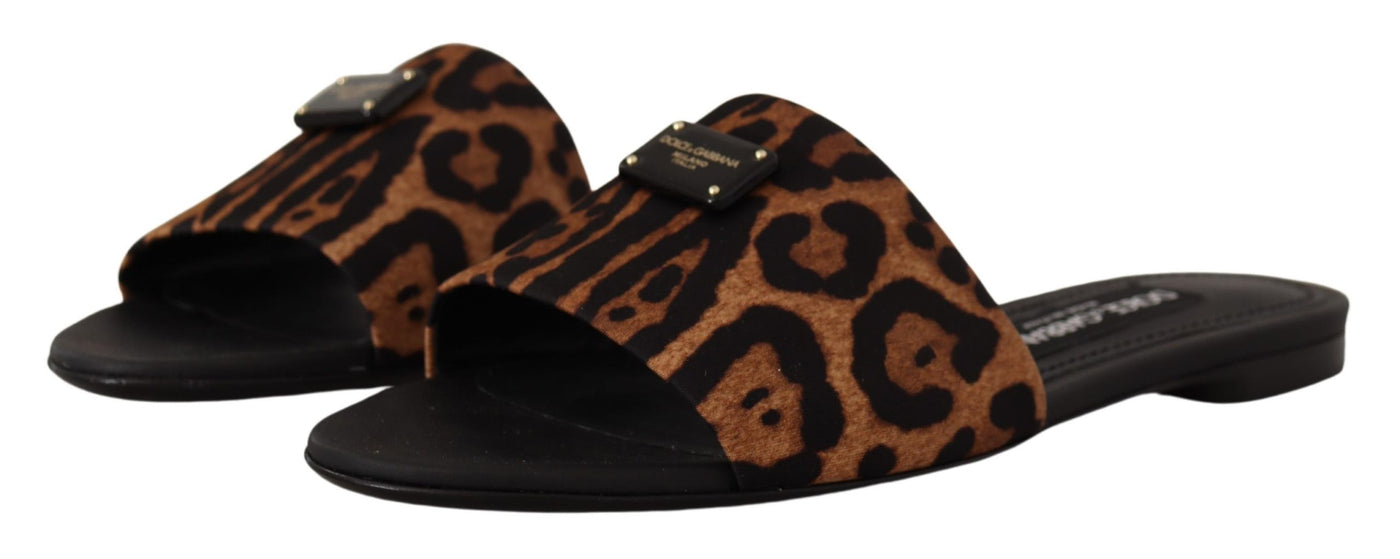 Brown leopard print 100% Leather Slide Flat sandals