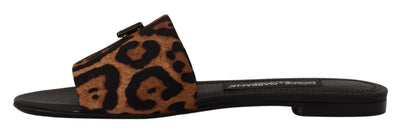 Brown leopard print 100% Leather Slide Flat sandals