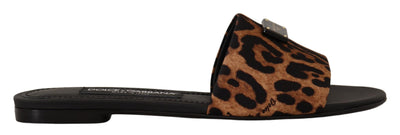 Brown leopard print 100% Leather Slide Flat sandals