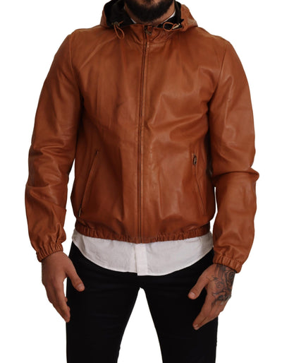 Brown Leather Lambskin Hooded Coat Jacket