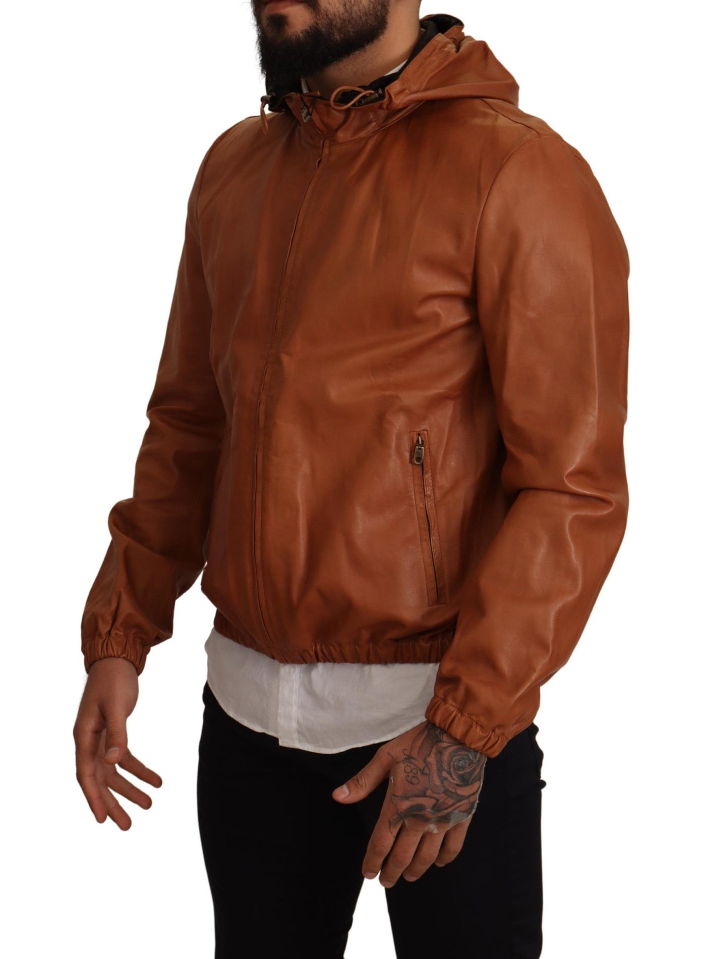 Brown Leather Lambskin Hooded Coat Jacket