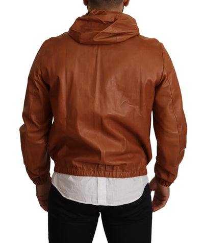 Brown Leather Lambskin Hooded Coat Jacket