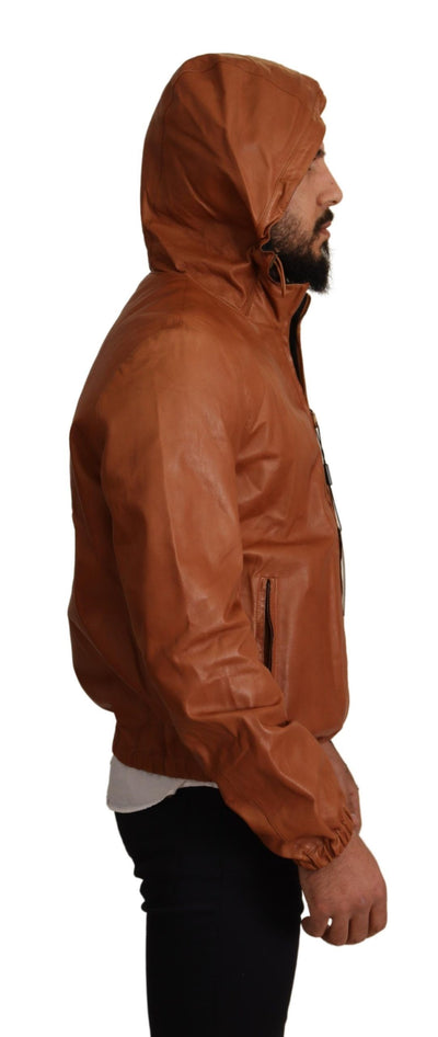 Brown Leather Lambskin Hooded Coat Jacket