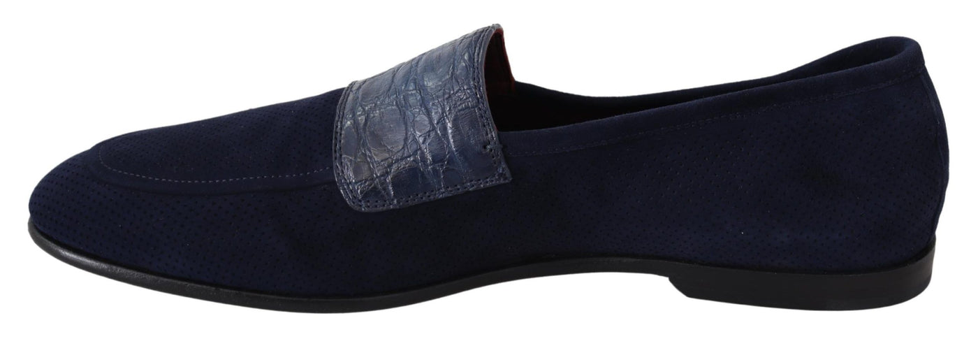 Blue Suede Caiman Loafers Slippers Shoes