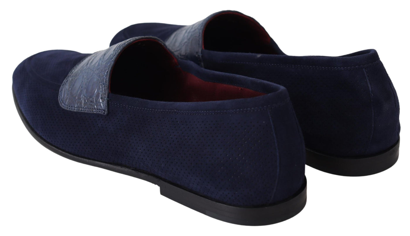 Blue Suede Caiman Loafers Slippers Shoes