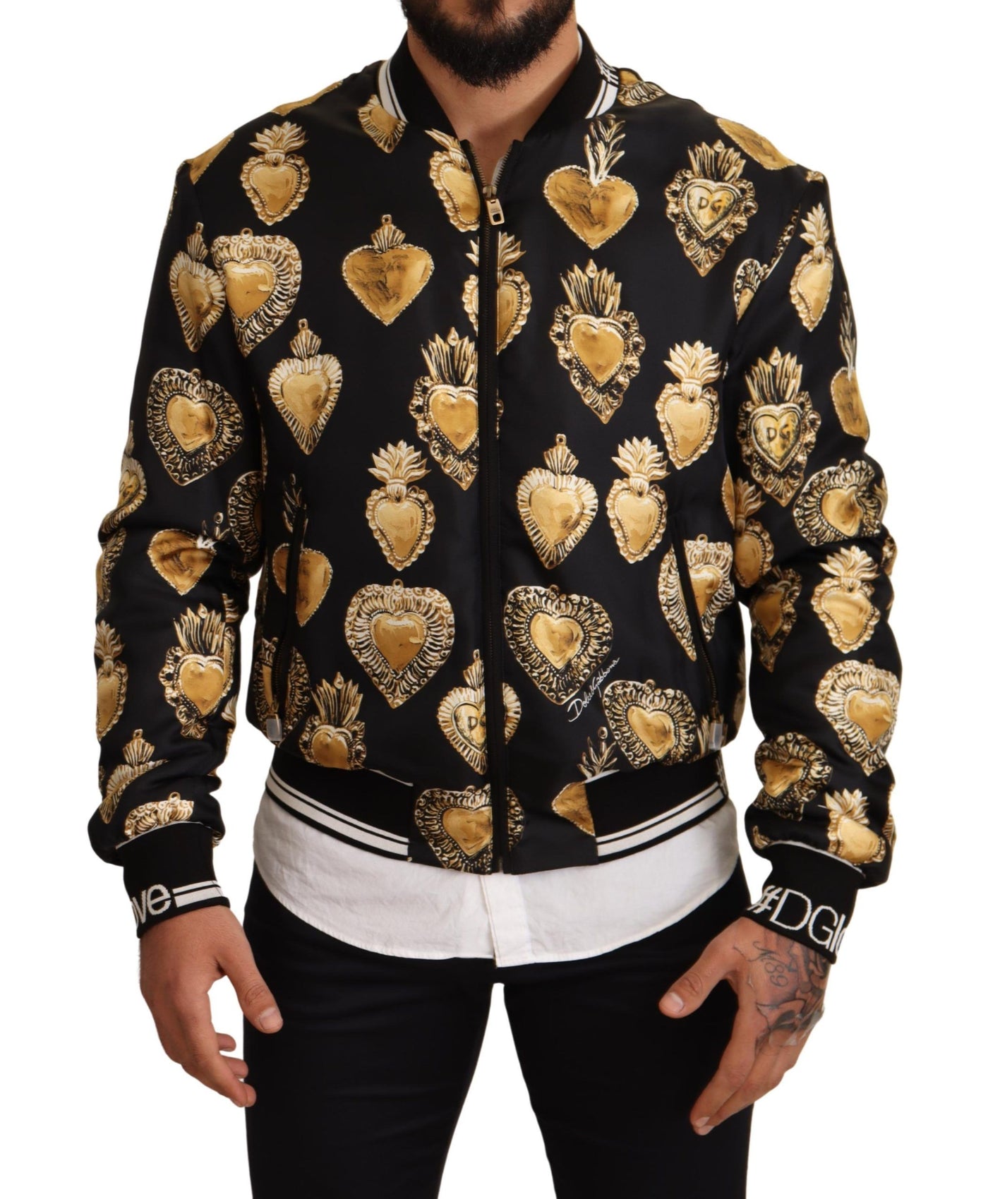 Black Silk Sacred Heart Bomber Coat Jacket