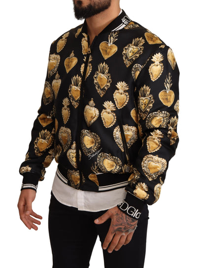 Black Silk Sacred Heart Bomber Coat Jacket