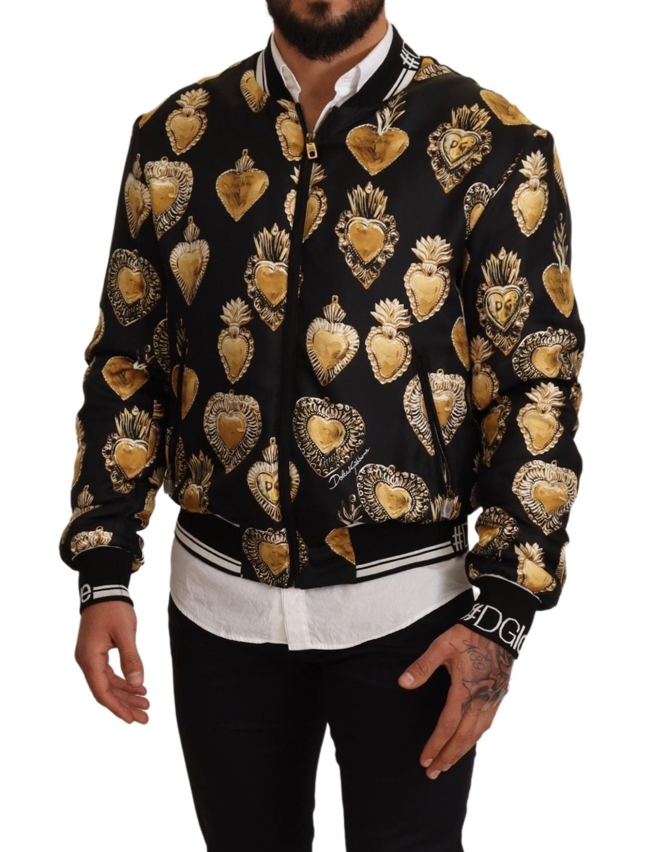 Black Silk Sacred Heart Bomber Coat Jacket