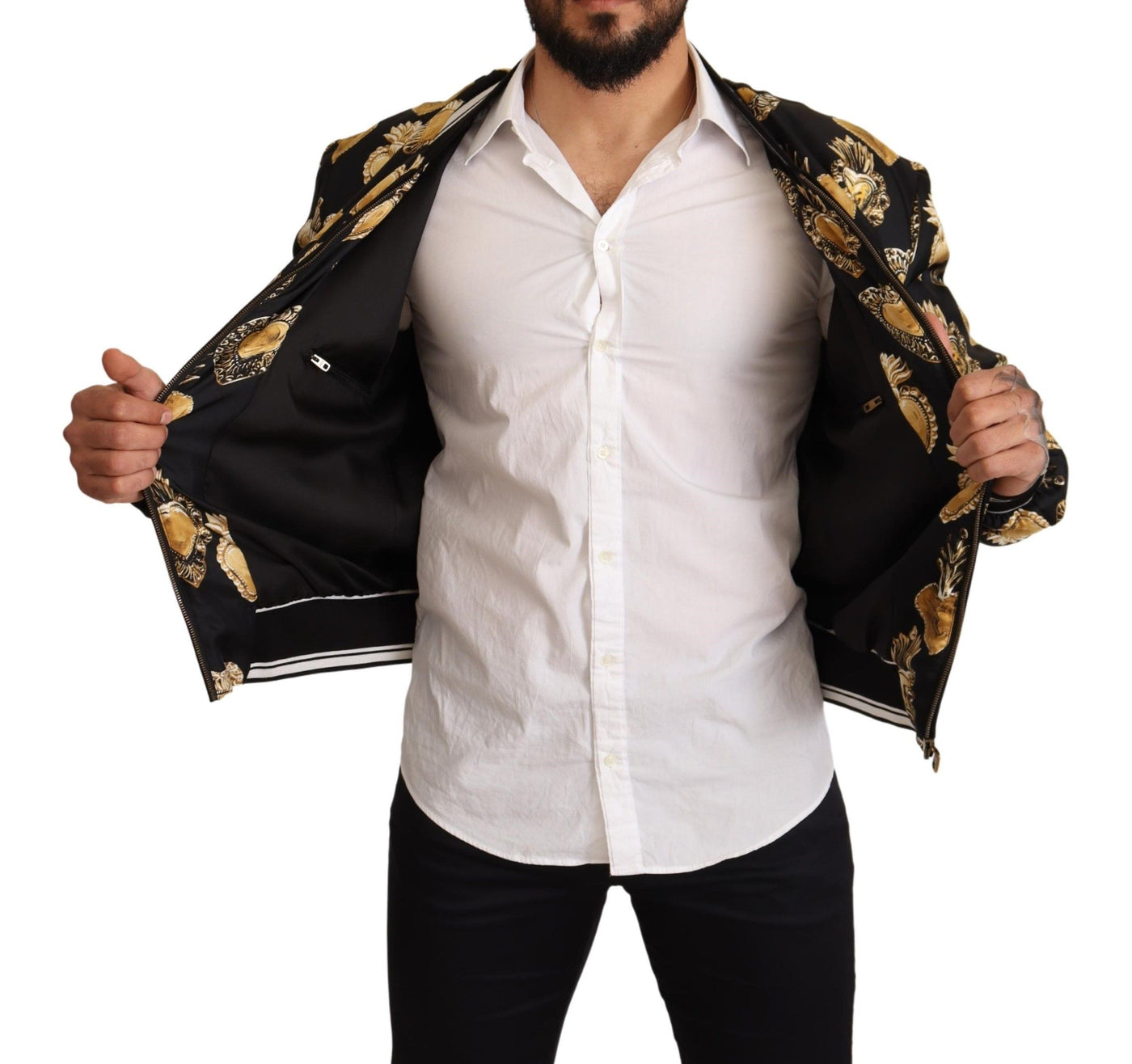 Black Silk Sacred Heart Bomber Coat Jacket