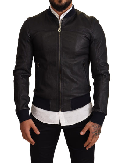 Blue Leather Full Zip Bomber Men Jacket