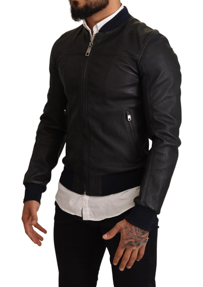 Blue Leather Full Zip Bomber Men Jacket